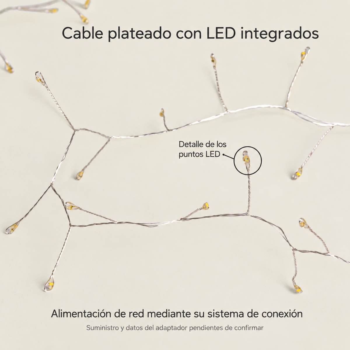 Detalle de cable plateado y puntos LED, suministro y datos del adaptador pendientes de confirmar