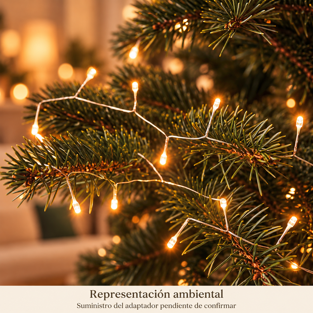 Guirnalda LED cálida sobre ramas de árbol en interior, representación ambiental; suministro del adaptador pendiente