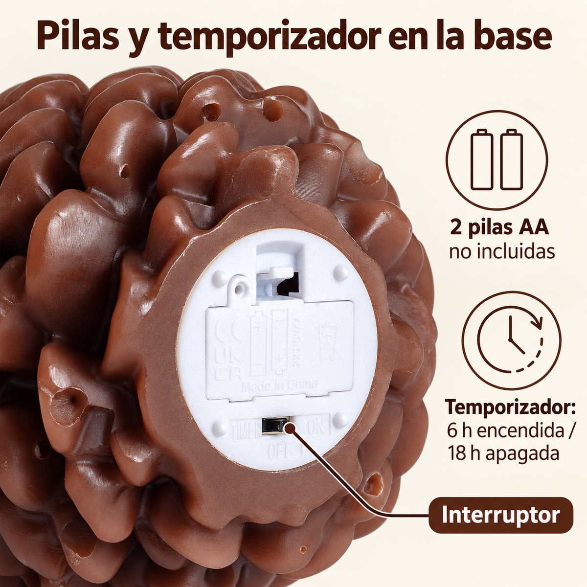 Base de la vela LED con tapa de pilas e interruptor; temporizador de seis horas encendida y dieciocho apagada