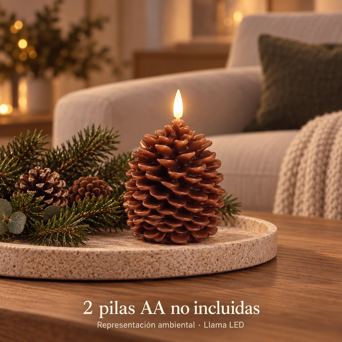 Vela de piña con llama LED encendida, representación ambiental; dos pilas AA no incluidas