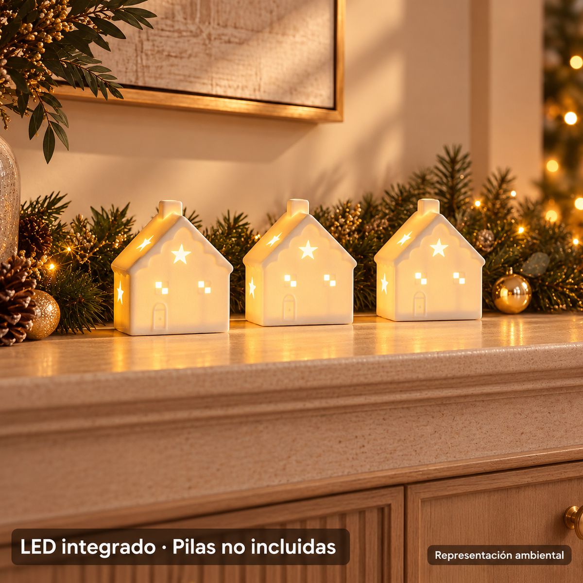 20057 Casas LED encendidas en interior, pilas no incluidas, representación ambiental