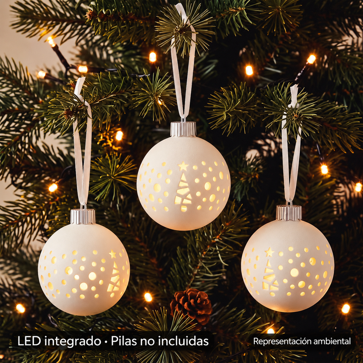 20058 Bolas LED encendidas en árbol interior, pilas no incluidas, representación ambiental
