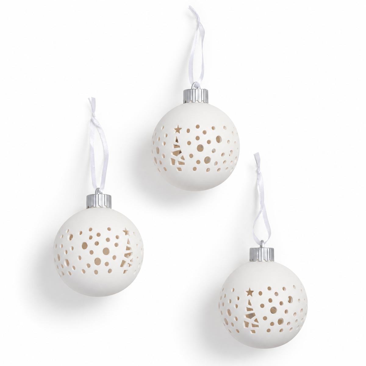 20058 Set de tres bolas navideñas LED de cerámica blanca con cintas