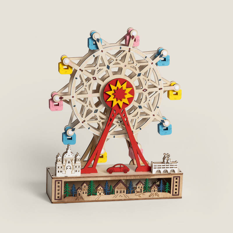 Noria navideña decorativa de madera con 5 LED cálidos apagada, vista original del producto y su acabado
