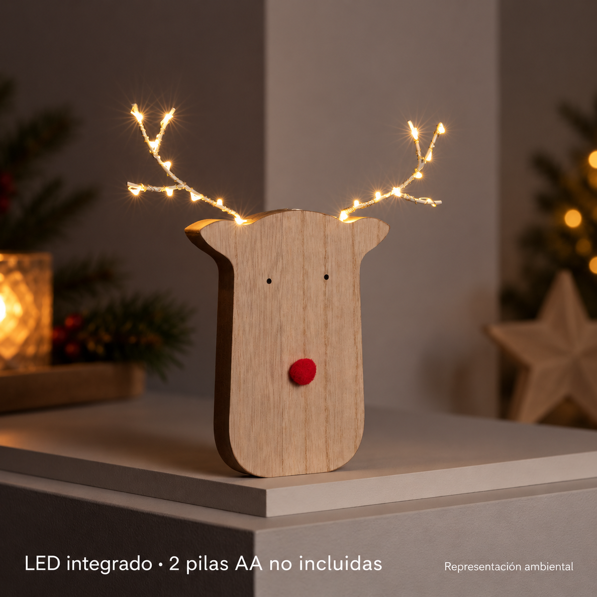 20061 Reno de madera con astas encendidas, dos pilas AA no incluidas, representación ambiental
