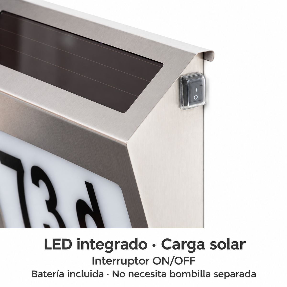 Detalle del panel solar y del interruptor del aplique 20067 con LED y batería incluidos