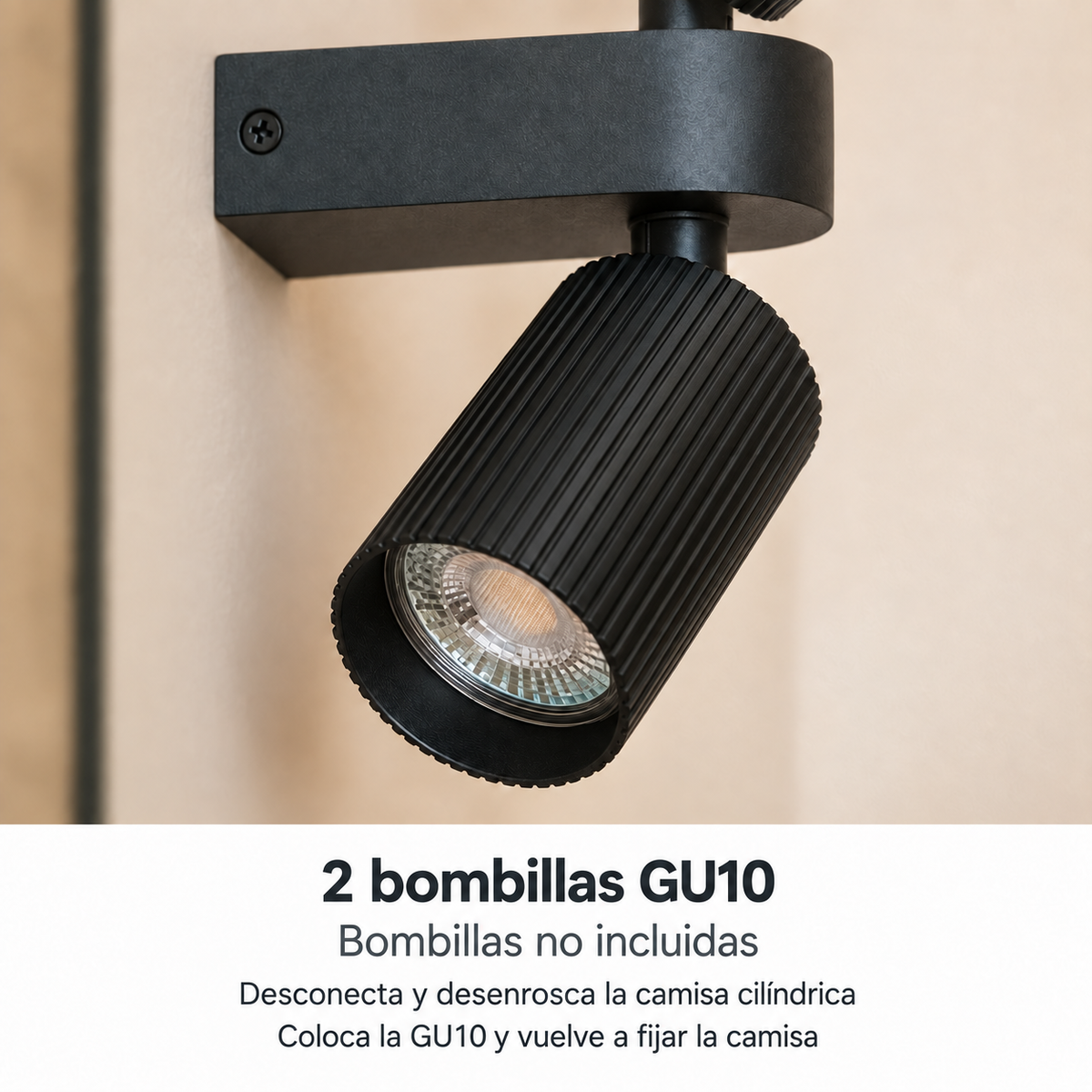 Aplique negro con dos focos GU10 orientables 20068, detalle del sistema de iluminación