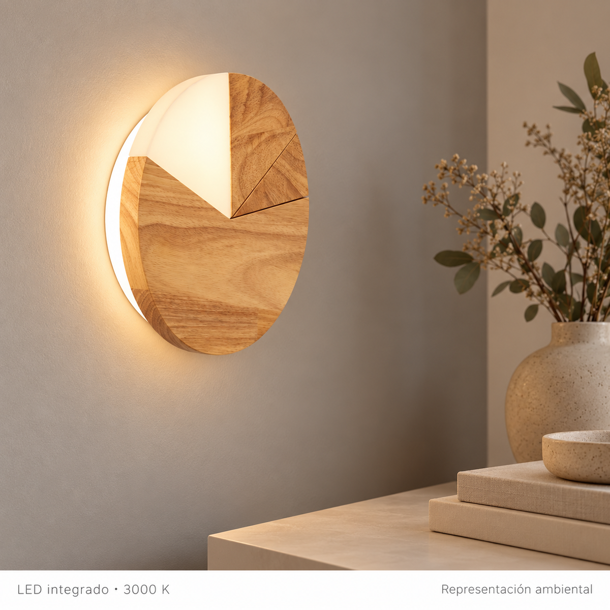 Aplique circular de madera con LED integrado 20071, encendido en un interior, representación ambiental, LED integrado