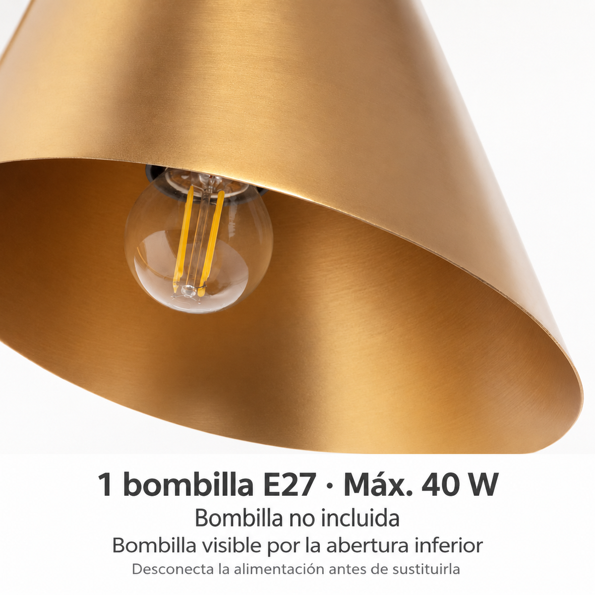 Aplique dorado con brazo curvo y pantalla inclinada 20073, bombilla E27 visible por la abertura inferior