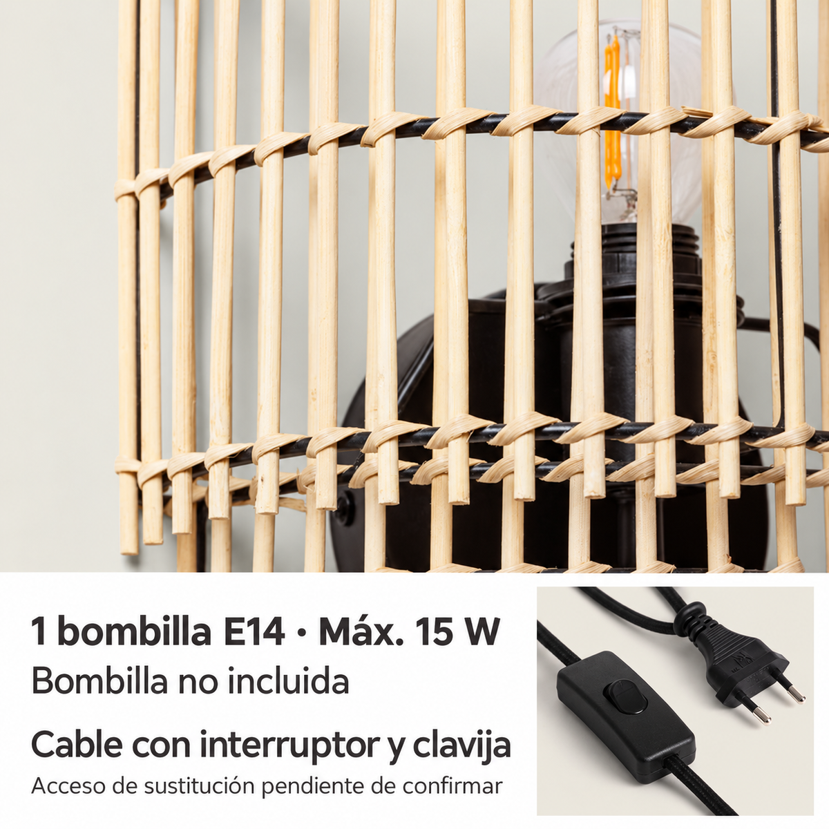 Aplique de bambú natural con cable 20074, detalle del casquillo E14, el cable, el interruptor y la clavija