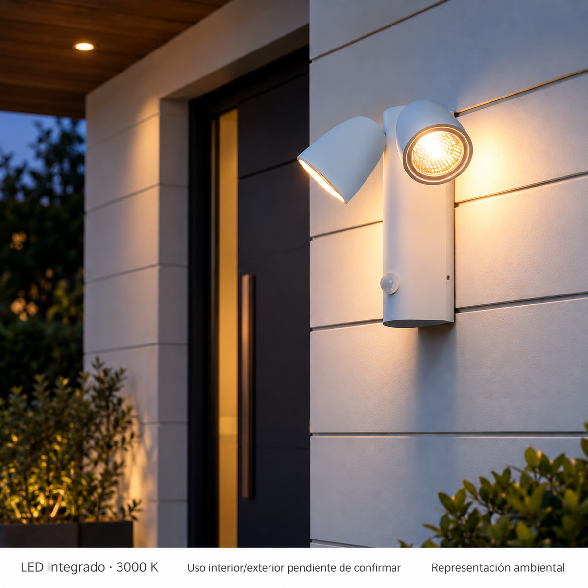 Aplique blanco de dos focos LED 20076 encendido, representación ambiental; uso interior o exterior pendiente de confirmar