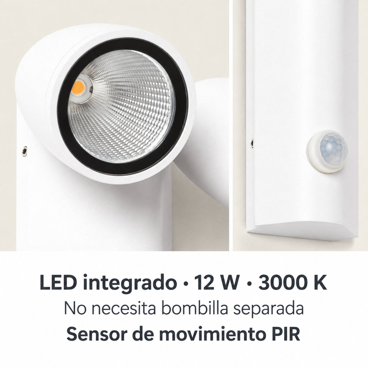 Aplique blanco con dos focos LED y sensor PIR 20076, detalle del reflector LED integrado y del sensor PIR