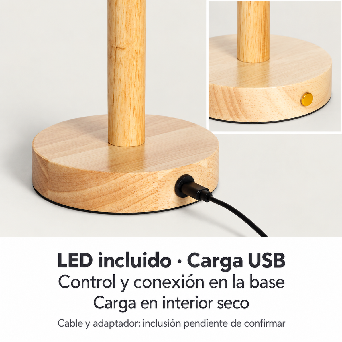 Lámpara de mesa recargable de madera natural con pantalla cilíndrica 20077, detalle real del control y la conexión de carga en la base