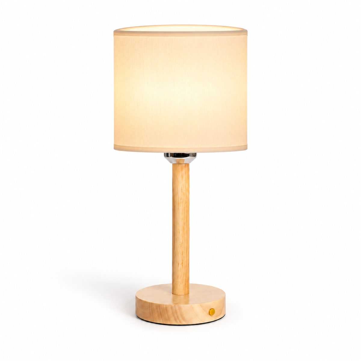 Lámpara de mesa recargable de madera natural con pantalla cilíndrica, luz encendida