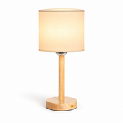 Lámpara de mesa recargable de madera natural con pantalla cilíndrica, luz encendida
