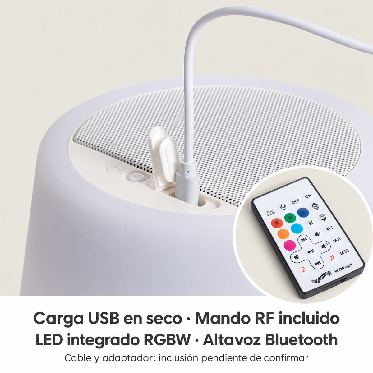 Lámpara de mesa recargable RGBW con altavoz Bluetooth 20078, detalle real de la carga USB y el mando RF incluido