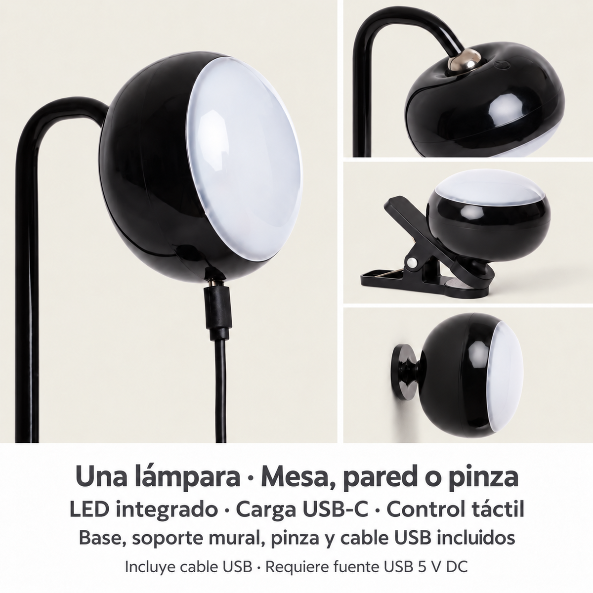 Lámpara recargable 20079 de mesa, pared o pinza, control táctil y cable USB incluido; requiere fuente USB de 5 V DC