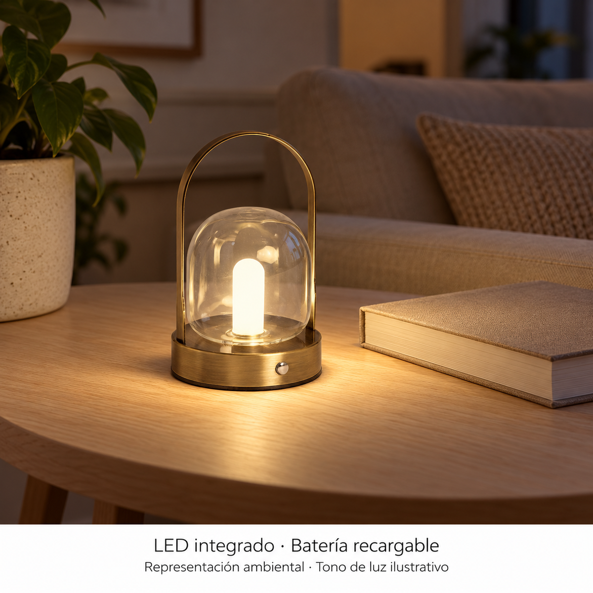 Farol de mesa recargable de metal y cristal acabado latón 20080, encendida en interior, representación ambiental con tono ilustrativo