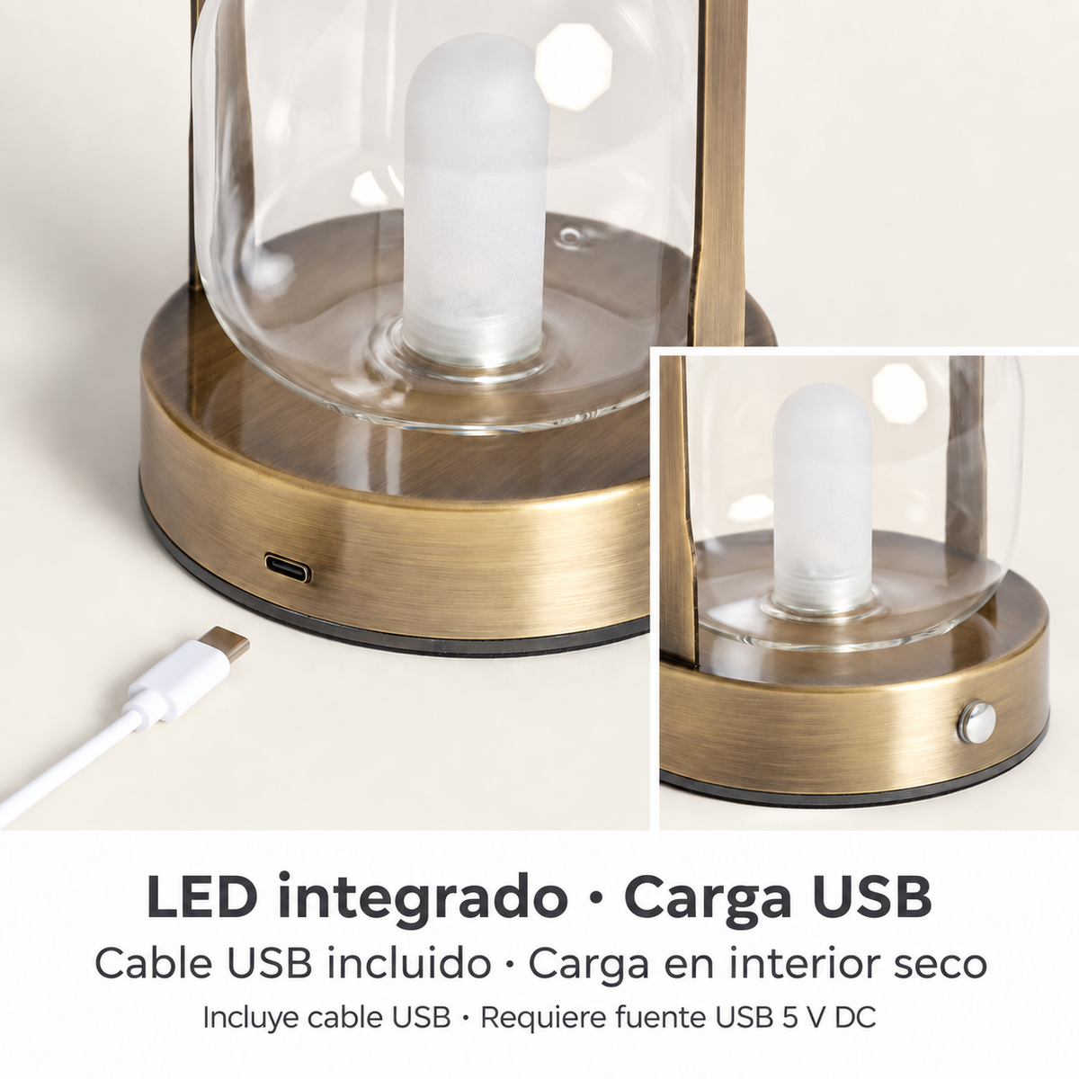 Farol de mesa recargable 20080, puerto de carga, cable USB incluido y botón; requiere fuente USB de 5 V DC