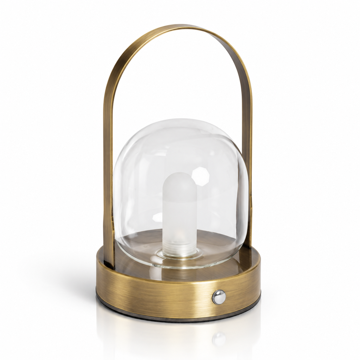 Farol de mesa recargable de metal y cristal acabado latón 20080, vista completa