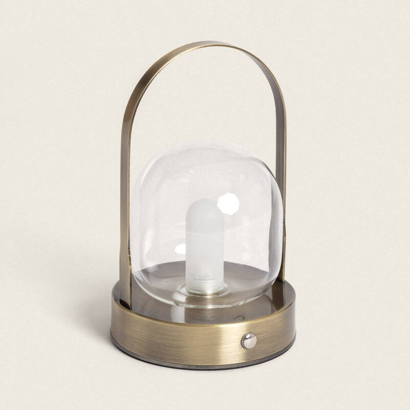 Lámpara recargable tipo farol de metal y cristal acabado latón apagada, vista original del producto y su acabado