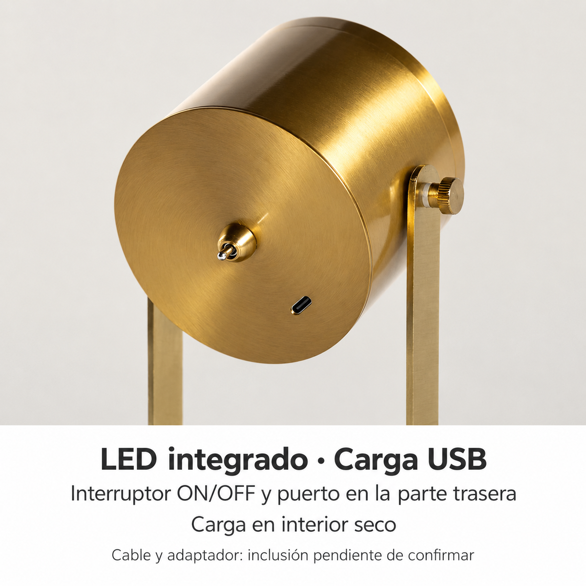 Lámpara de mesa recargable con foco dorado 20081, detalle real del puerto de carga y el interruptor ON/OFF traseros