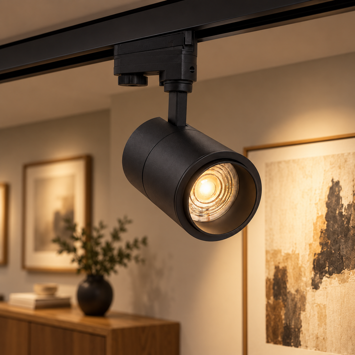 Foco LED de carril trifásico 20W negro CCT con zoom 15–60°, vista en ambiente instalado