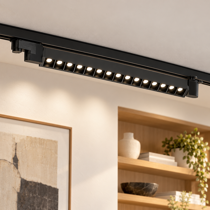 Foco lineal LED de carril trifásico 15W negro 4000K, vista en ambiente instalado