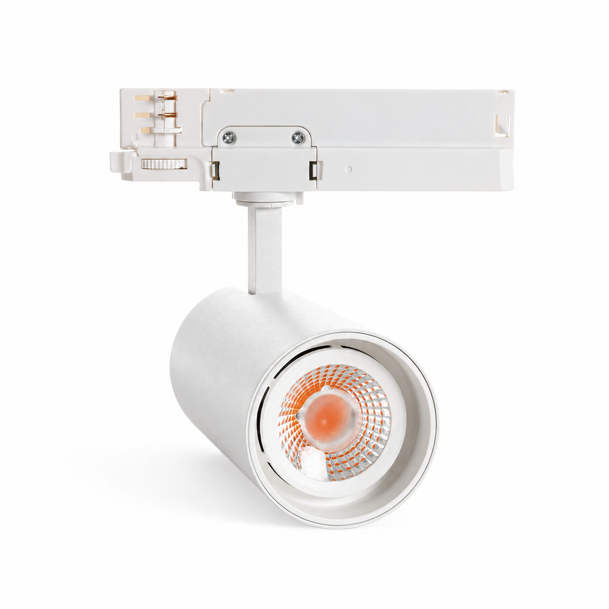 Foco blanco de carril trifásico de 30 W con LED integrado y reflector, visto de frente sobre fondo limpio