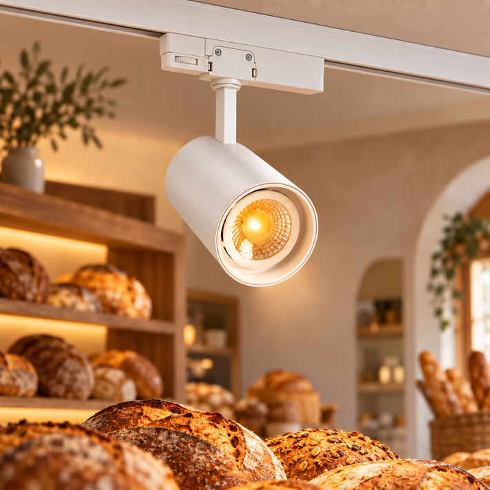Foco LED de carril trifásico 30W blanco para panadería 1800K, vista en ambiente instalado