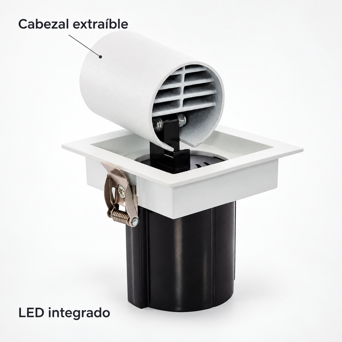 Detalle del cabezal extraíble con LED integrado, soporte central y bisagra del foco empotrable cuadrado