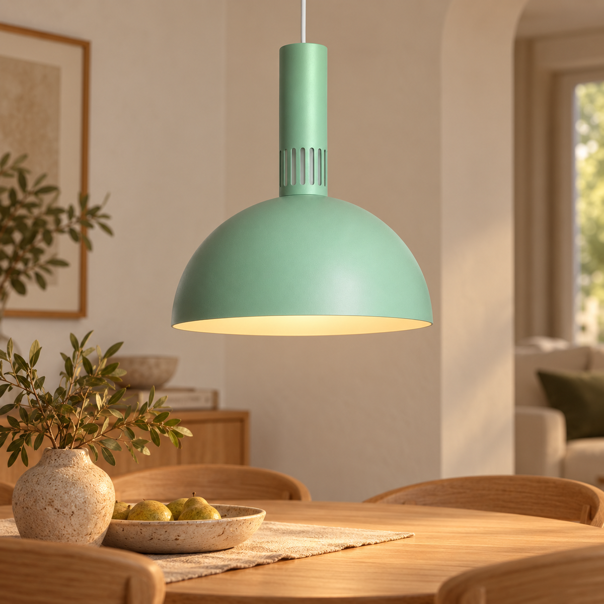 Lámpara colgante de metal verde celadón LED 9 W CCT, vista en ambiente instalado