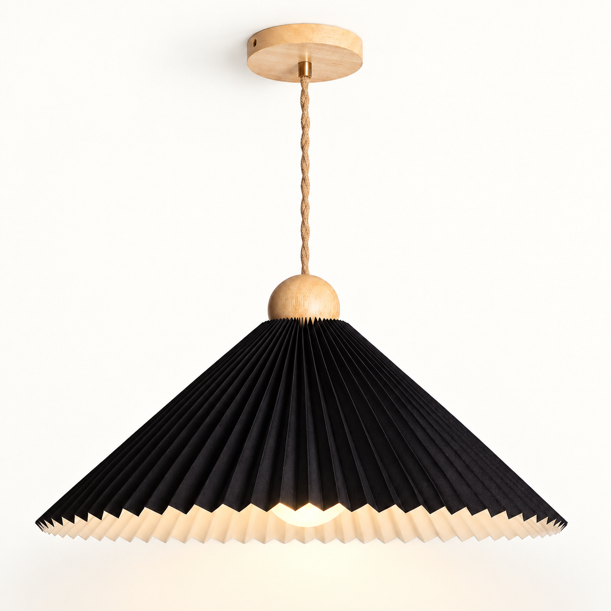 Lámpara colgante de tela plisada negra y madera Ø47 cm E27, luz encendida