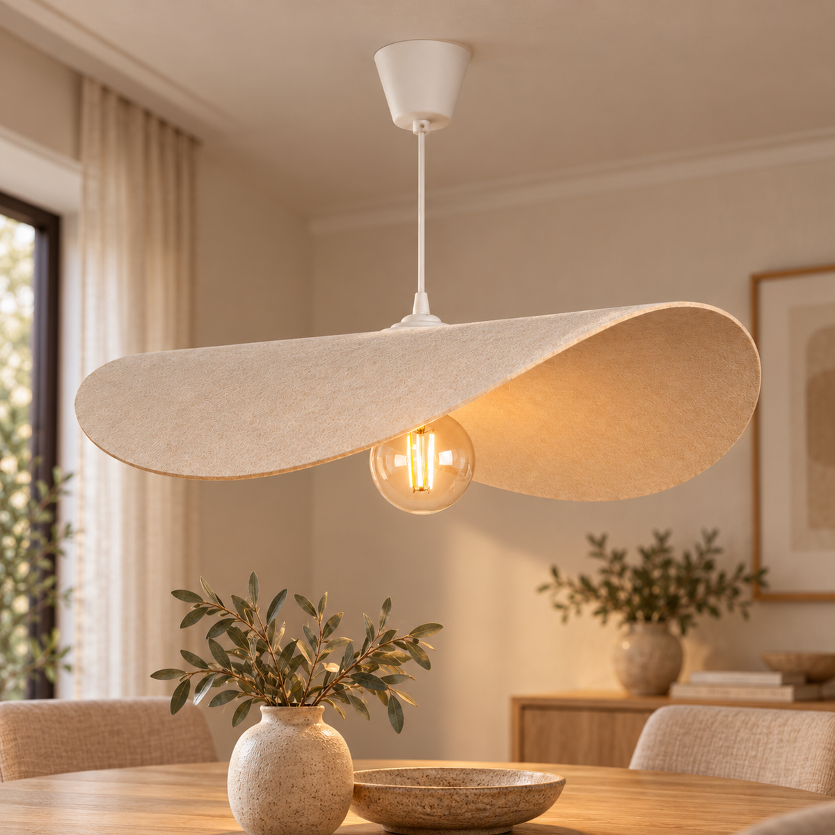 Lámpara colgante de fieltro moldeable beige E27, vista en ambiente instalado
