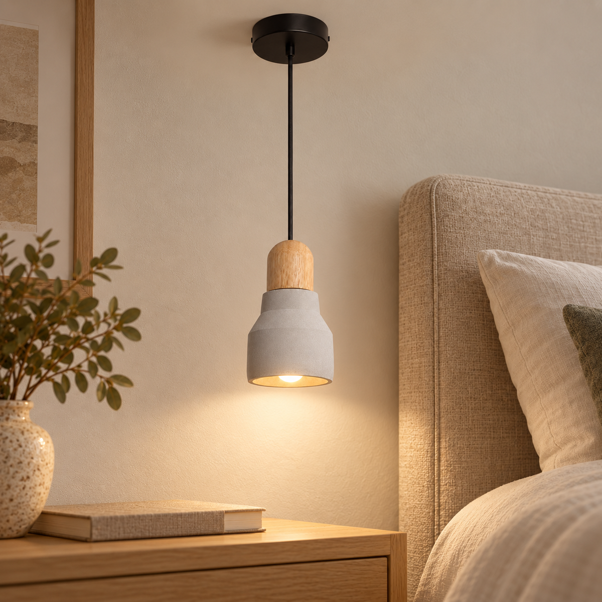 Lámpara colgante de hormigón gris y madera Ø12 cm E27, vista en ambiente instalado