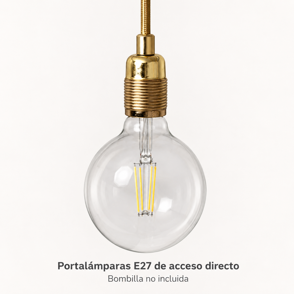 Portalámparas colgante dorado con cable textil LedsCome 20102: detalle de la zona inferior con bombilla E27 no incluida
