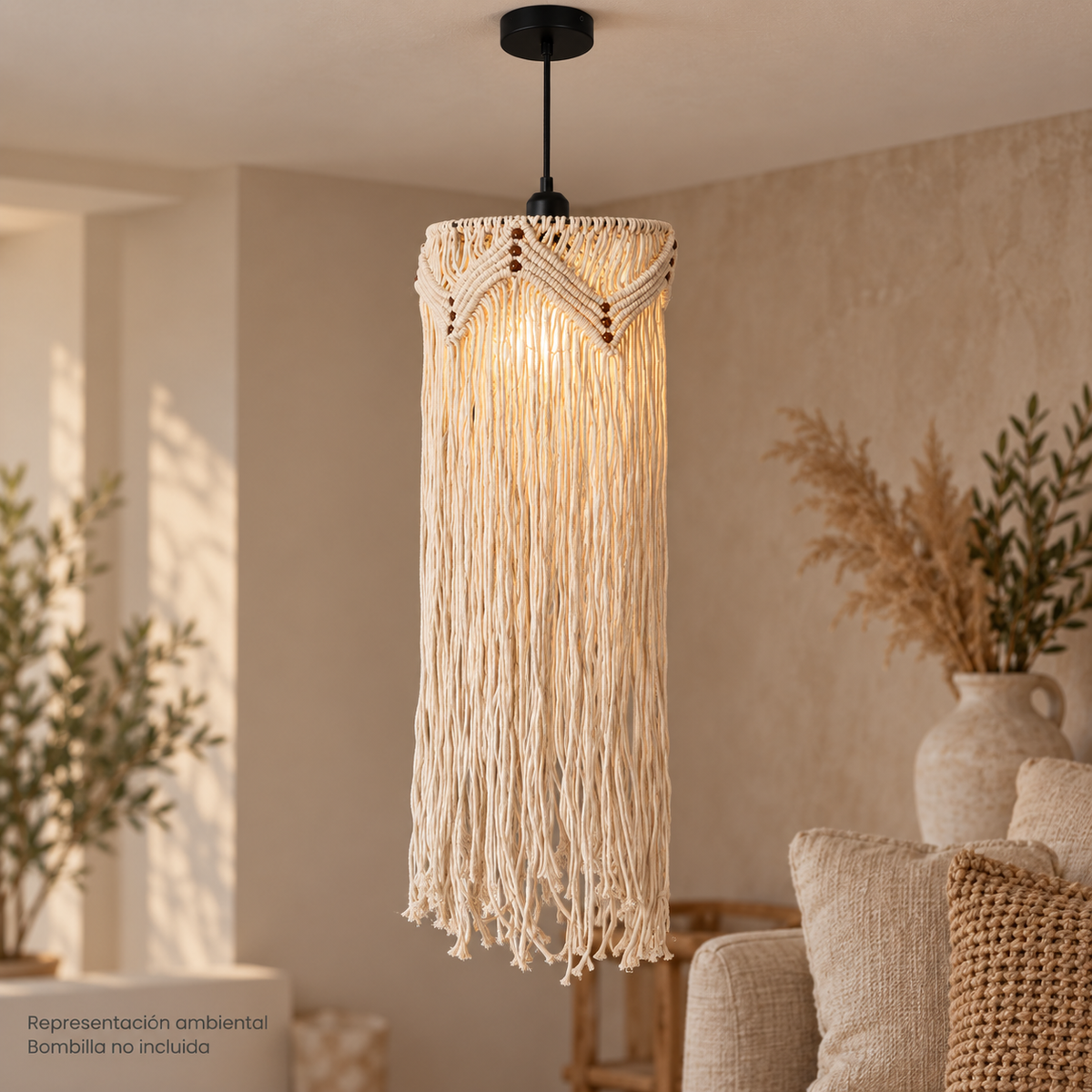 Lámpara colgante de macramé blanco roto con flecos LedsCome 20103: representación ambiental encendida con bombilla no incluida