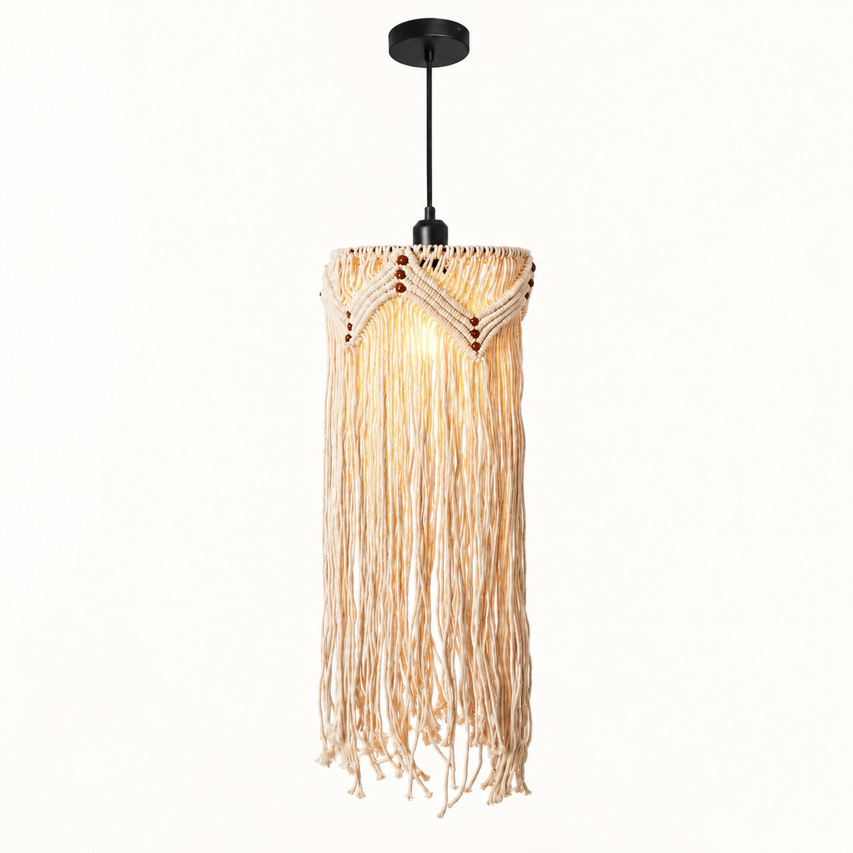 Lámpara colgante de algodón macramé blanco roto Ø24 cm E27, luz encendida