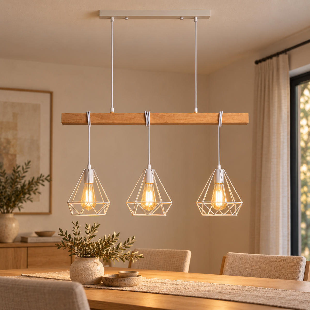Lámpara colgante lineal de metal blanco con tres luces, vista en ambiente instalado