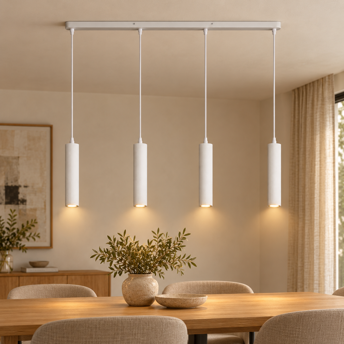 Lámpara colgante lineal blanca de cuatro focos GU10, vista en ambiente instalado