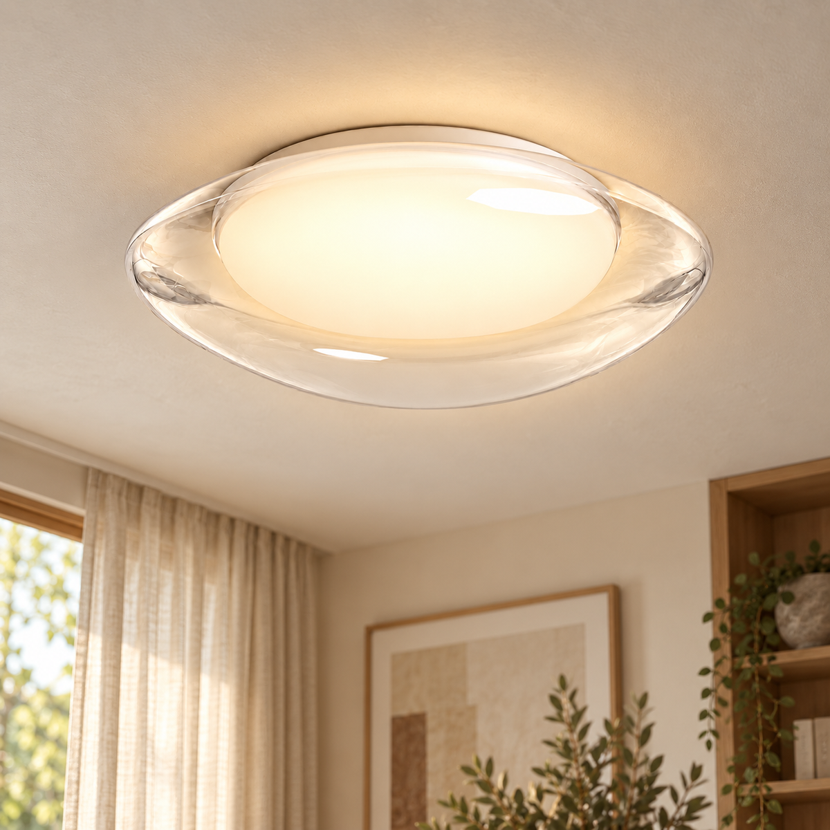 Plafón LED escultórico blanco de metal y metacrilato, vista en ambiente instalado