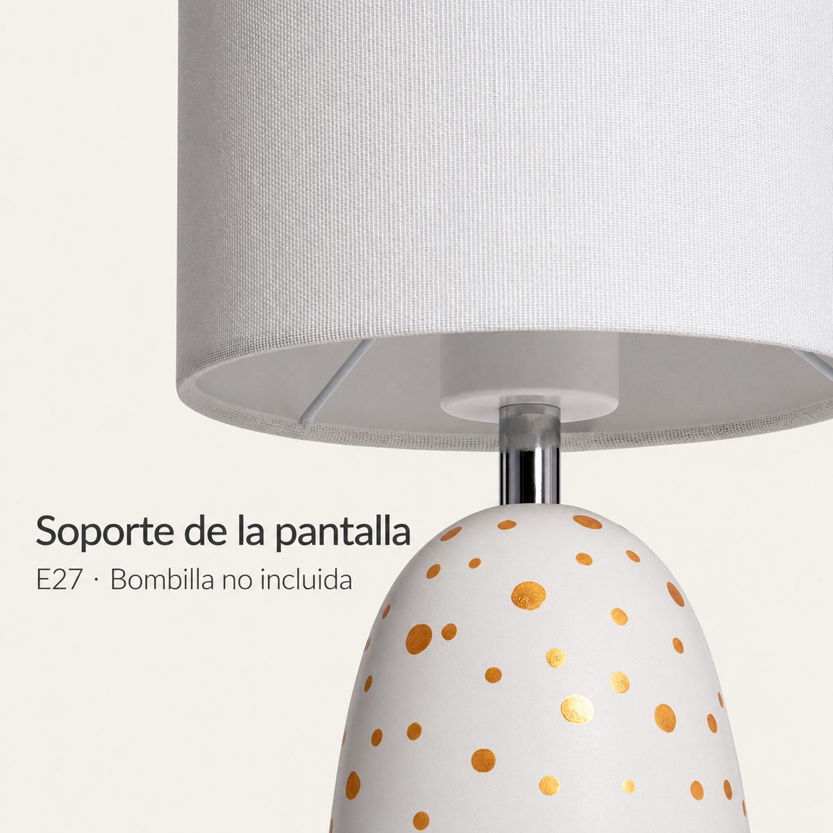 Lámpara de mesa de cerámica blanca con lunares y pantalla de lino LedsCome 20116: detalle del soporte inferior real de la pantalla de lino