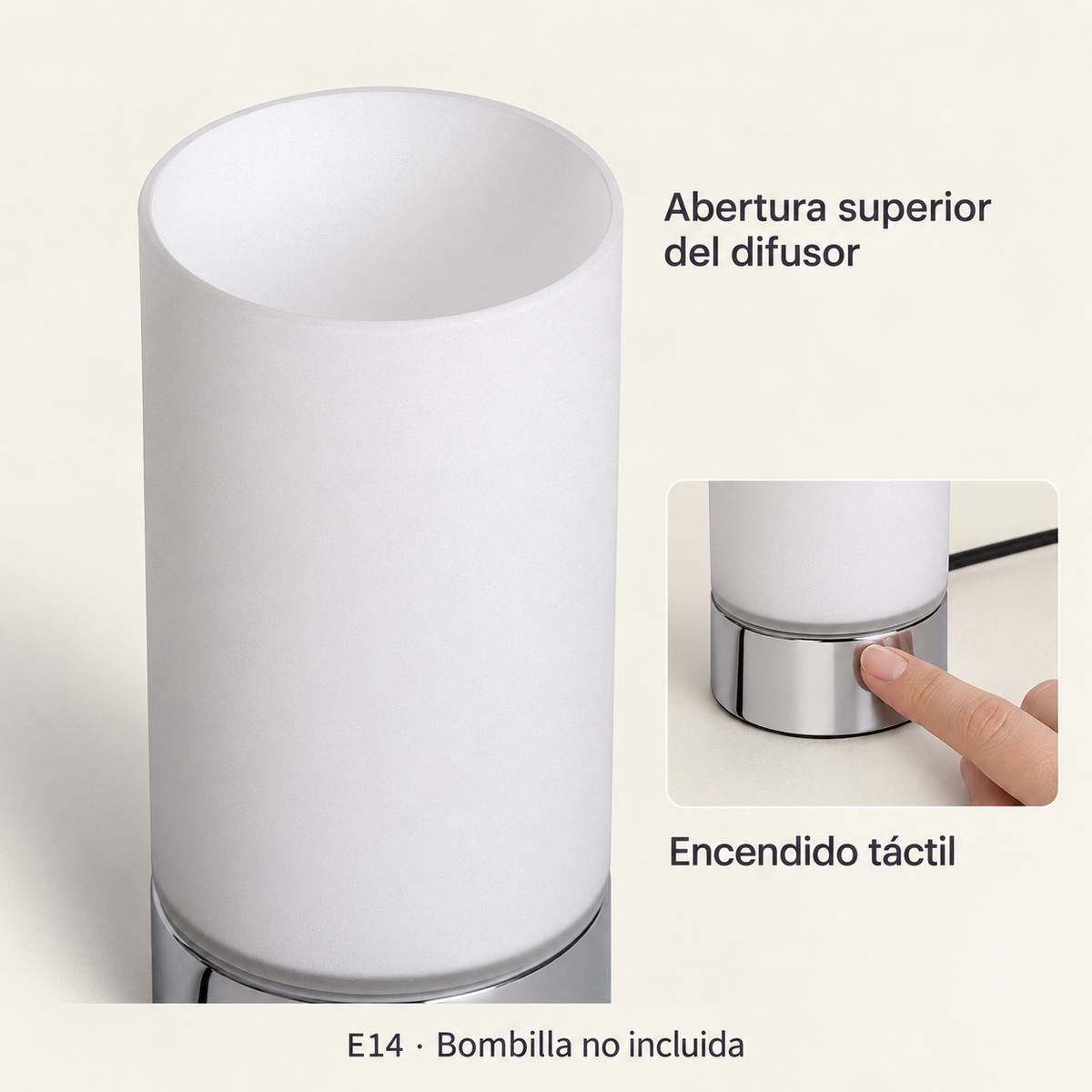 Lámpara de mesa táctil de cristal opal y base cromada E14 LedsCome 20118: detalle de la abertura superior del difusor y control táctil en la base