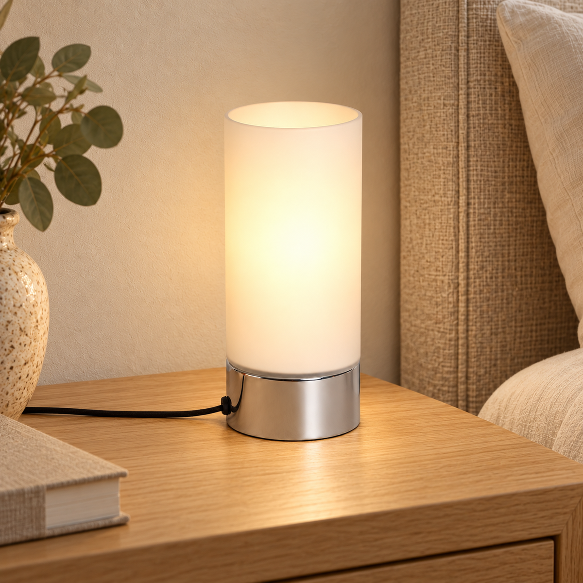 Lámpara de mesa táctil de cristal opal y base cromada E14, vista en ambiente instalado