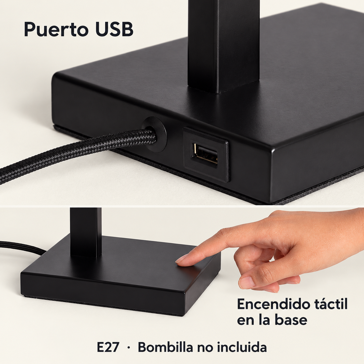 Lámpara de mesa negra con pantalla textil, USB y control táctil E27 LedsCome 20119: detalles reales del puerto USB y control táctil en la base negra