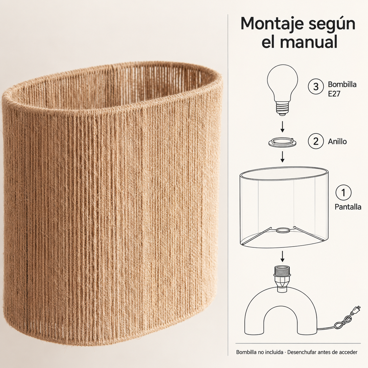 Lámpara de mesa beige de cerámica con base en arco y pantalla de cuerda LedsCome 20121: detalle de pantalla oval de cuerda y esquema de montaje de pantalla, anillo y bombilla E27