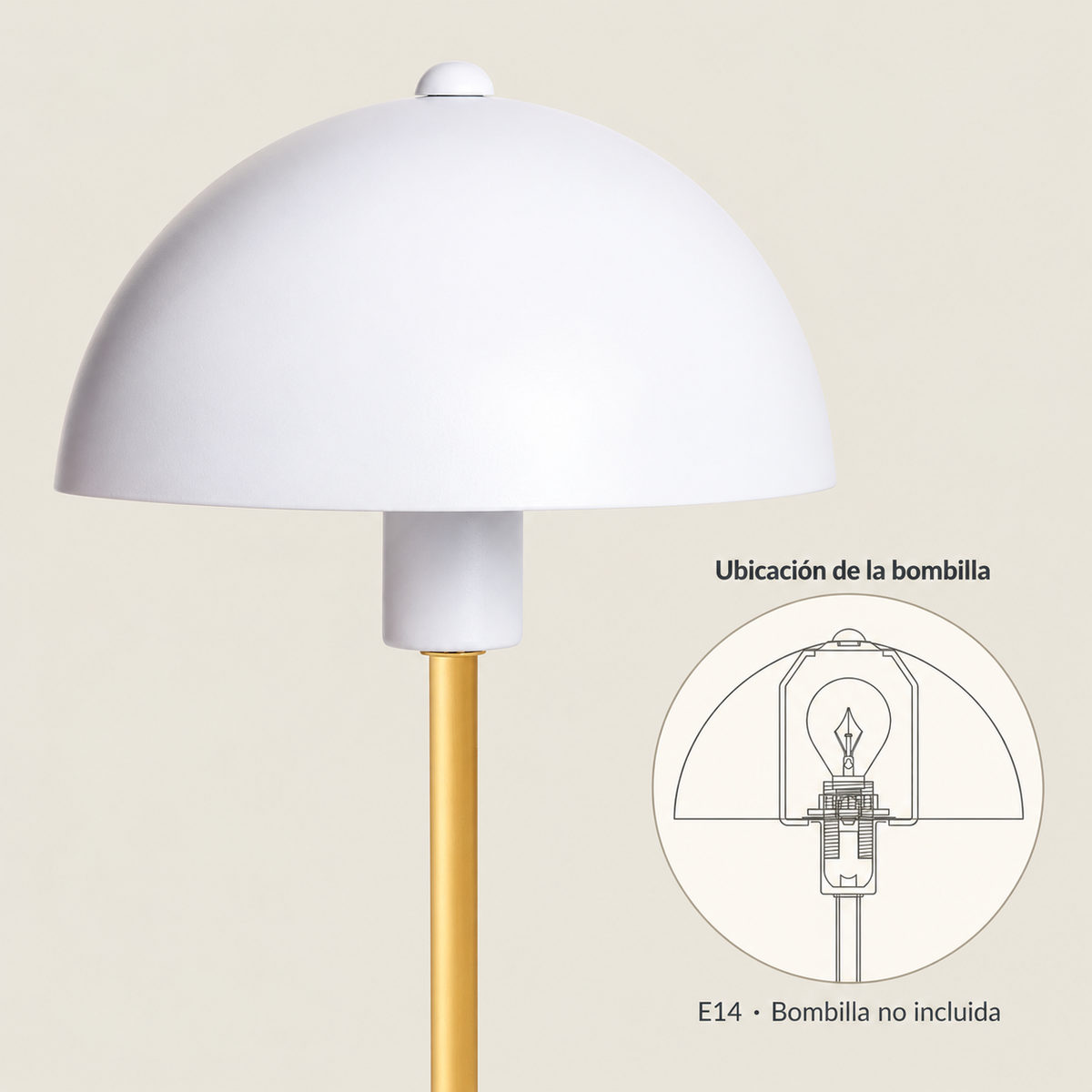 Lámpara de mesa blanca y dorada con pantalla semiesférica E14 LedsCome 20123: detalle de pantalla semiesférica y ubicación de bombilla E14 según plano