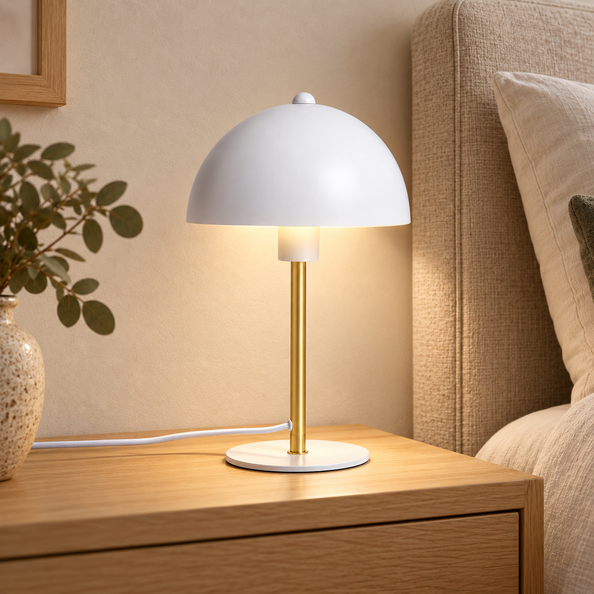 Lámpara de mesa blanca y dorada con pantalla semiesférica E14, vista en ambiente instalado