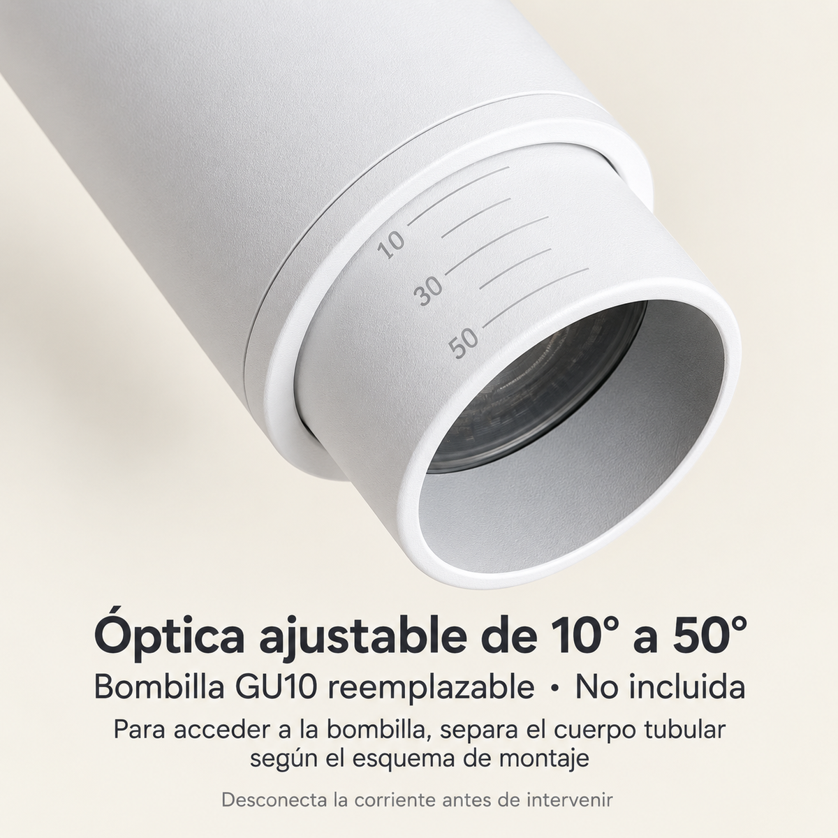 Detalle de óptica ajustable del foco blanco 20125 para bombilla GU10 no incluida