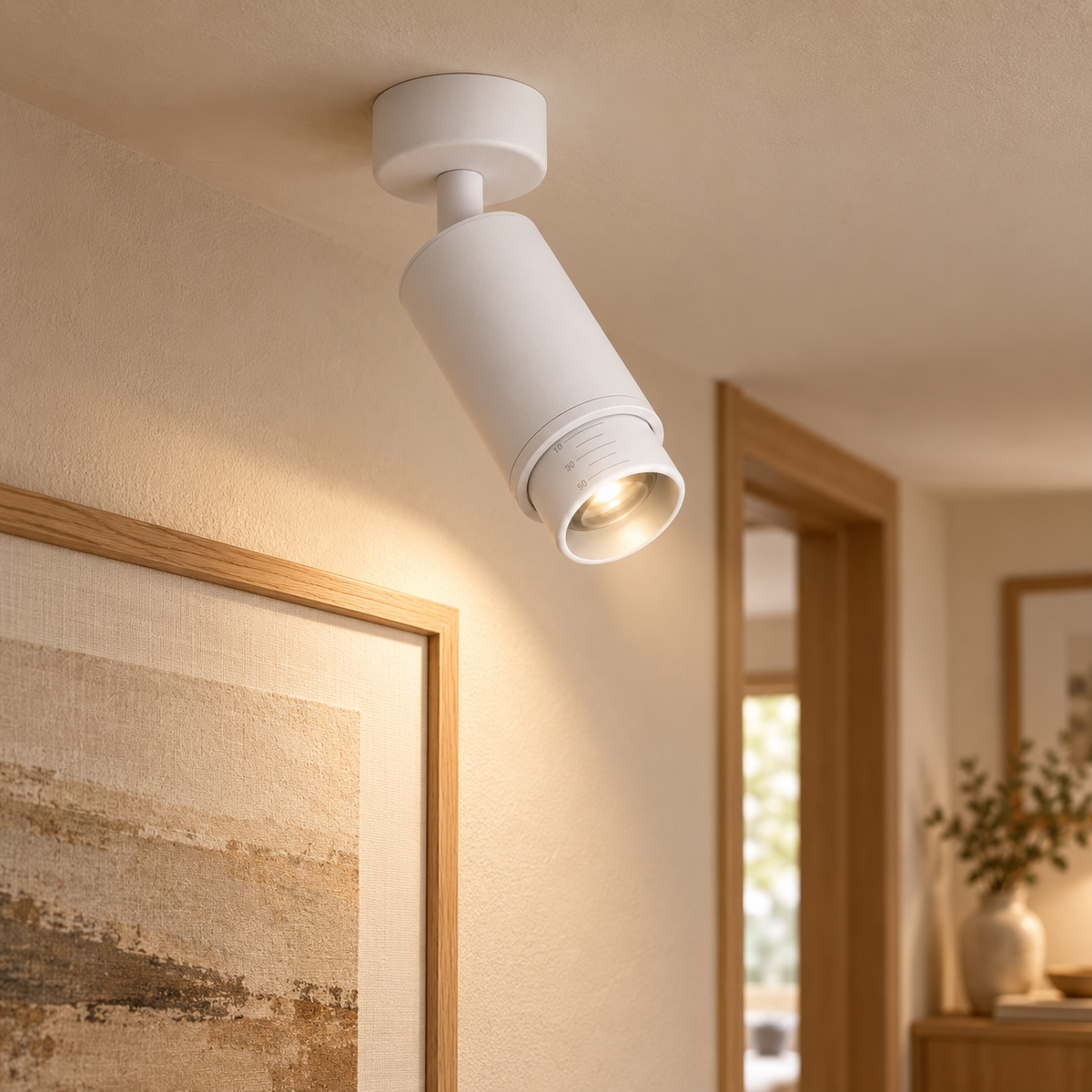 Foco de techo blanco orientable GU10 con apertura 10–50°, vista en ambiente instalado